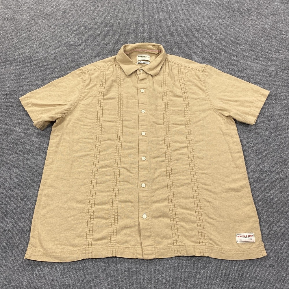 Scotch & Soda Shirt Mens Large Tan Linen Blend Short Sleeve Pintuck Pleated